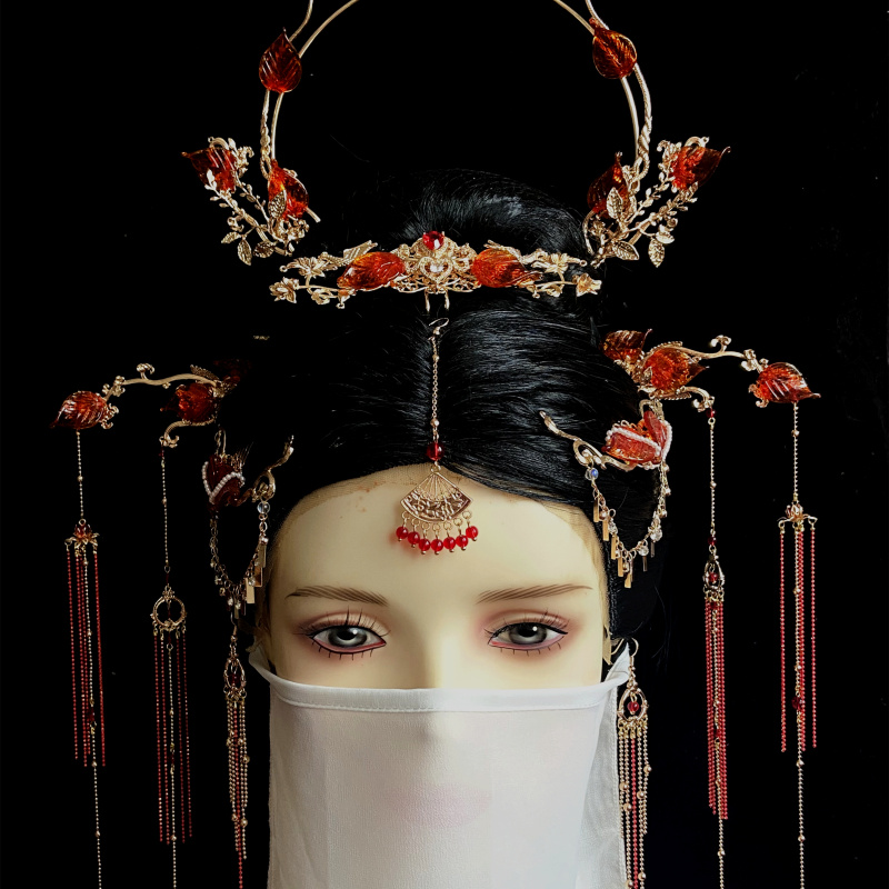 红色焰火汉服发冠套装超长流苏异域风古典仙侠女铜镀保色宫廷发饰