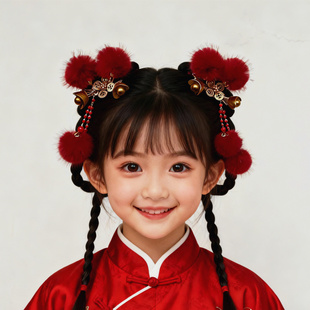 红色毛绒球发夹可爱毛球流苏发饰新年喜庆女童汉服古典头饰新中式
