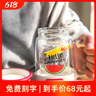 杯具熊玻璃杯双层带盖西瓜芝麻街大圣小丸子kitty猫隔热花茶杯子
