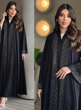 modest cardigan hot-fix rhinestone dress 烫钻黑色长袍开衫