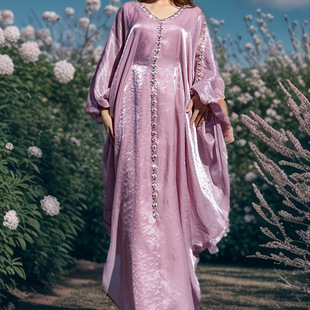 luxury party dress pink粉色流光蝙蝠袖斗篷手工缝钻连衣裙