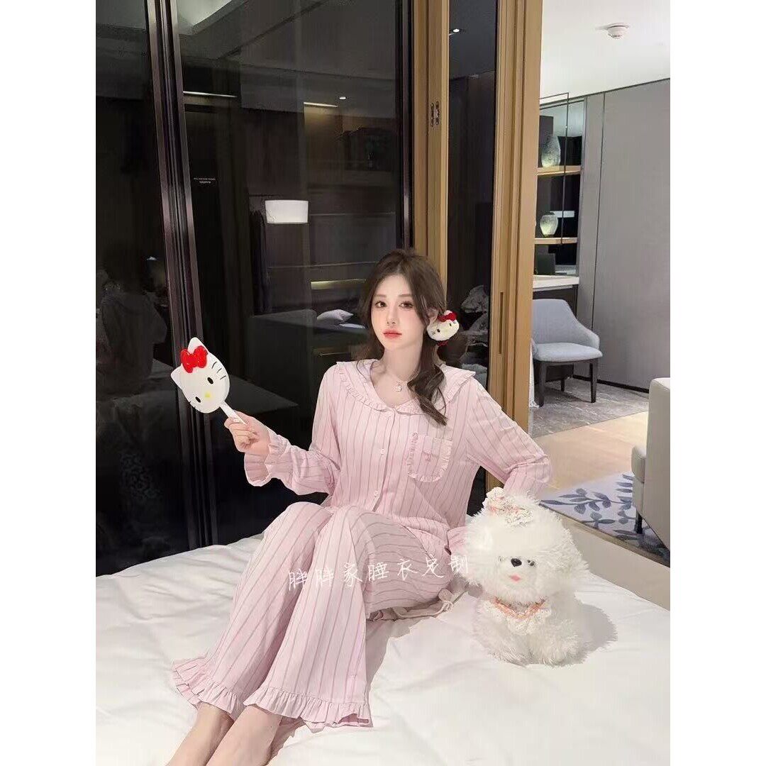 【蜜桃甜心】春秋带胸垫纯欲风睡衣女代尔棉显瘦条纹长裤长袖家居