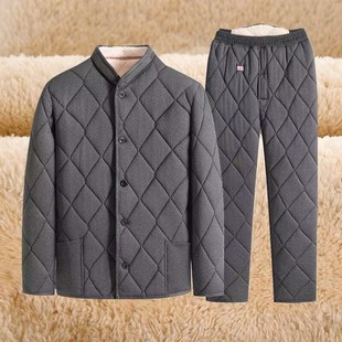 中老年人男士驼绒棉袄外穿冬季加厚棉服爸爸加绒保暖内衣棉衣套装