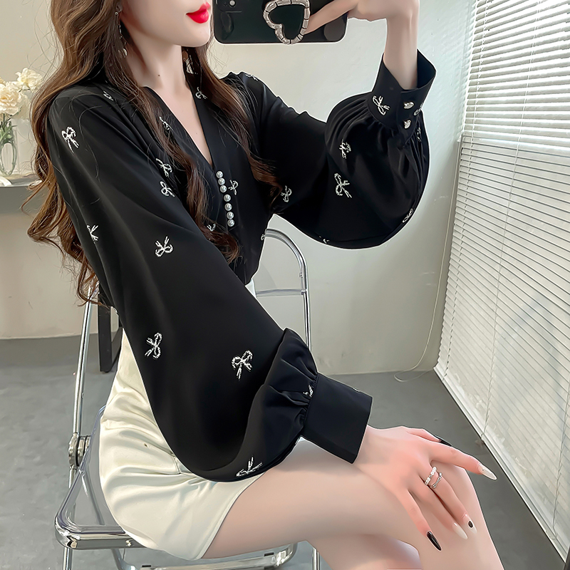 蝴蝶结印花显瘦灯笼袖法式衬衫