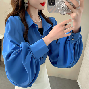 克莱因蓝纯色衬衫女款2025新款雪纺衬衣宽松气质翻领灯笼袖上衣春