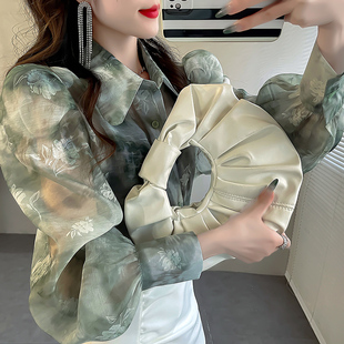 新款 小衫 时尚 洋气碎花上衣绿色衬衫 仙 2025春款 女高级感雪纺衫 女装