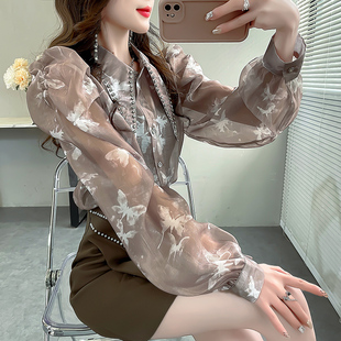 春款2024新款小衫韩版气质泡泡袖上衣女重工钉珠镶钻衬衫印花衬衣
