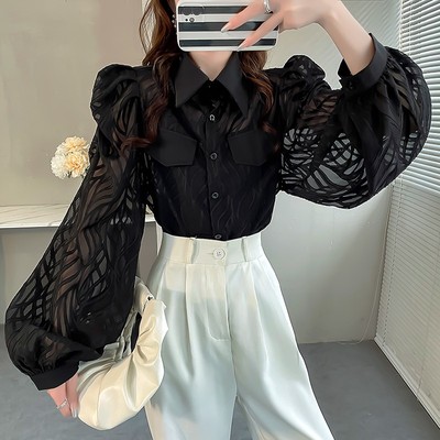 法式独特小上衣泡泡袖刺绣衬衫女