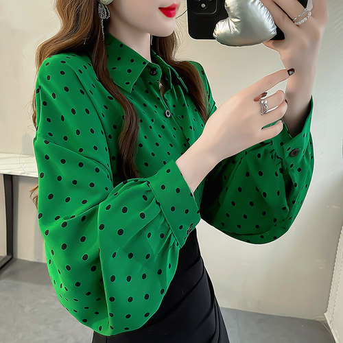 宽松长袖绿色波点印花衬衫