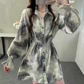 复古冷淡系高级感衬衣松紧收腰长袖 女秋 上衣小众渐变印花翻领衬衫