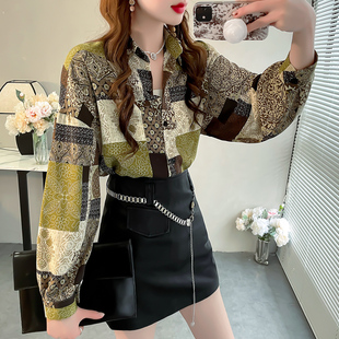 胖MM中长款 女上衣气质显白打底衫 衬衫 长袖 印花设计感衬衣 春装 大码