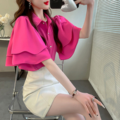 名媛显瘦翻领夏装 纯色荷叶边短袖 衬衣时尚 女2025新款 上衣 雪纺衬衫