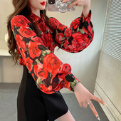 衬衫 上衣春款 大码 红色气质名媛玫瑰印花法式 灯笼袖 翻领雪纺衬衣女