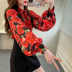 红色气质名媛玫瑰印花法式衬衫上衣春款大码灯笼袖翻领雪纺衬衣女