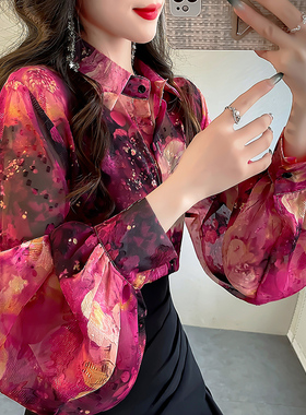 时尚洋气设计感粉红色刺绣衬衫女气质雪纺印花上衣宽松灯笼袖衬衣