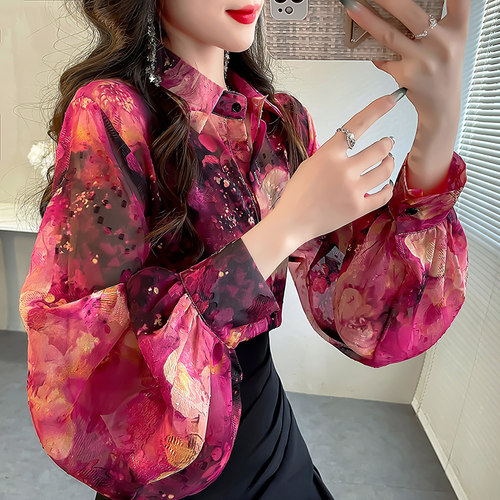 粉红色刺绣衬衫女气质雪纺印花