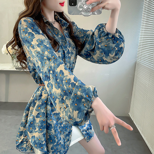 蓝色仙气飘飘上衣气质翻领中长款灯笼袖衬衣显瘦收腰雪纺衬衫女春
