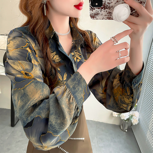 复古独特印花设计感上衣春装大码衬衫内搭中长款时尚洋气女款衬衣
