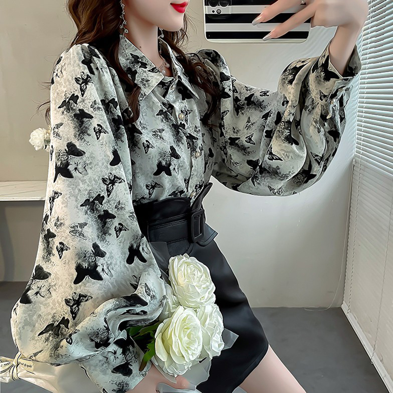 水墨蝴蝶印花衬衫女高级感轻奢