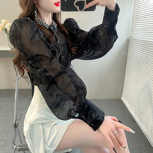 韩版钉钻设计立领欧根纱衬衫女上衣宽松时尚印花泡泡袖雪纺衬衣春