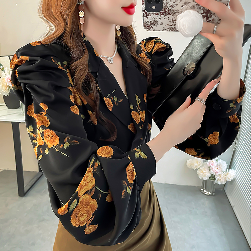 玫瑰印花衬衫女赫本风法式小众