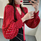 甜美泡泡袖 红色波点印花衬衫 女秋季 上衣挂脖显瘦设计系带V领衬衣
