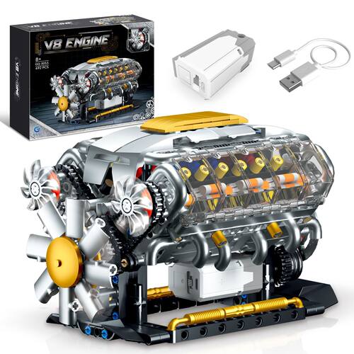 V8发动机积木模型摆件