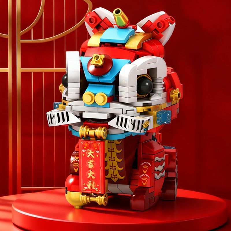 中国风帅气醒狮积木舞狮积木玩具