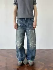 Ftm Heavy-Duty Washed Distressed Knife-Cut Patchwork Denim Pants with Three-Dimensional Whiskers, Loose Straight-Leg Vintage Style