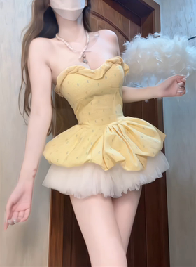 甜美可爱气质纯欲风抹胸无袖收腰显瘦蓬蓬连衣超短裙短裤套装夏季