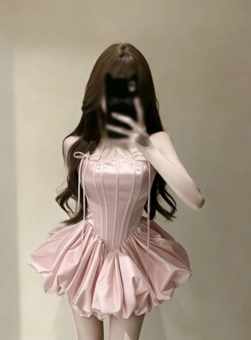 千金风粉色缎面吊带连衣裙收腰花苞裙丝绸公主蓬蓬裙礼服泡泡裙女