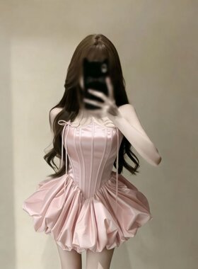 千金风粉色缎面吊带连衣裙收腰花苞裙丝绸公主蓬蓬裙礼服泡泡裙女