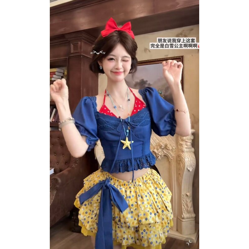 法式复古泡泡袖碎花套装女夏显瘦方领上衣半身裙减龄显瘦两件套