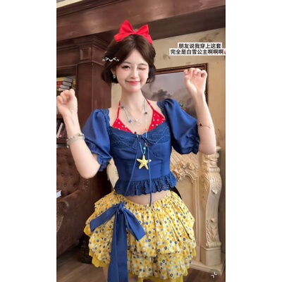 法式复古泡泡袖碎花套装女夏显瘦方领上衣半身裙减龄显瘦两件套