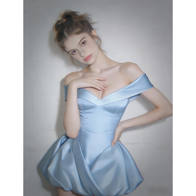 温柔高级名媛风气质性感辣妹一字领露背收腰设计花苞连衣短裙礼服