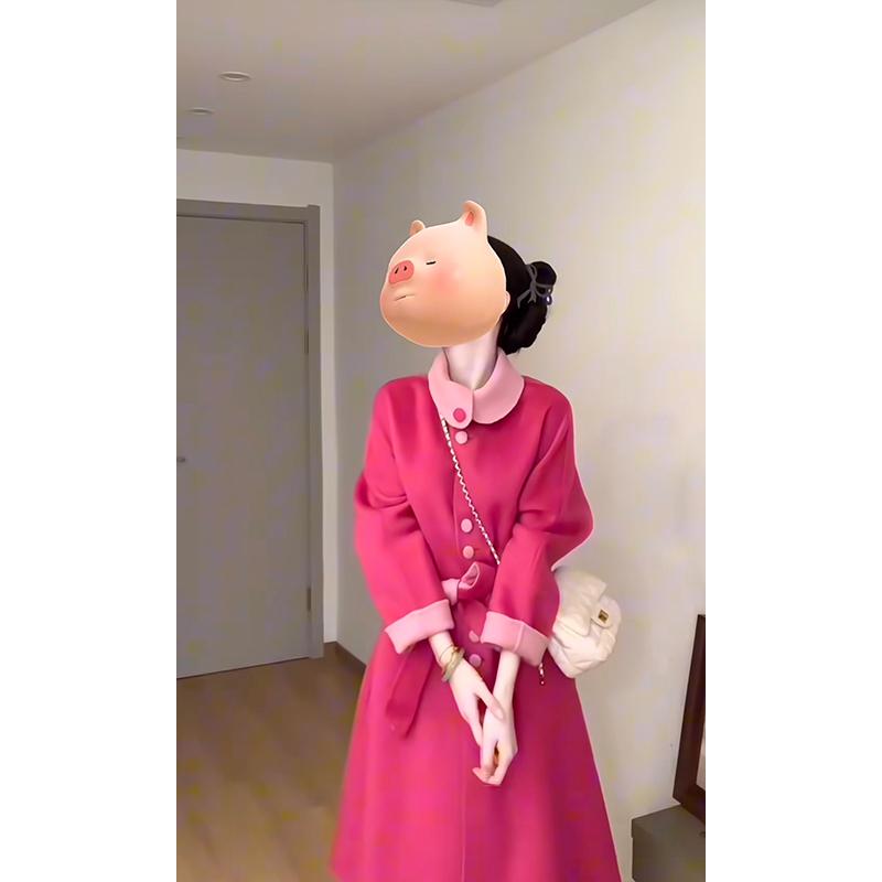 翻领撞色外套秋冬大衣系带中长款