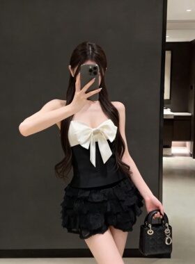 公主风撞色立体蝴蝶结吊带蛋糕裙春季两件套Kidcore童趣吊带女装
