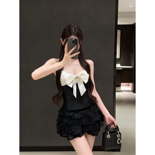 公主风撞色立体蝴蝶结吊带蛋糕裙春季两件套Kidcore童趣吊带女装