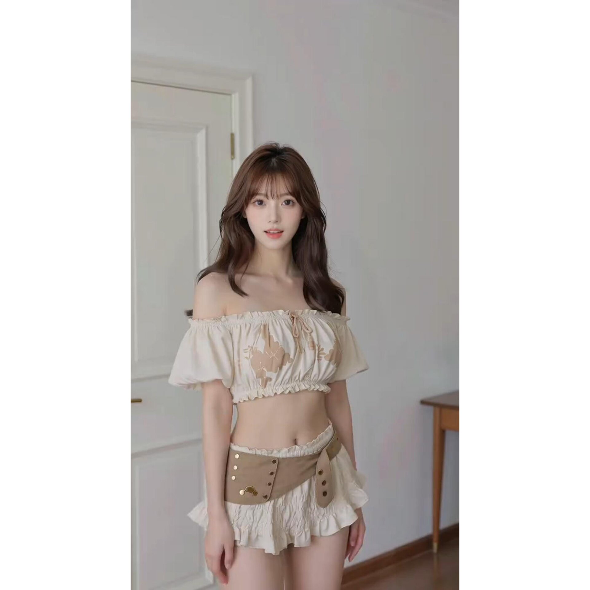 CHIC网红甜美风一字肩印花收腰上衣女+低腰纯欲短裙套装两件套女