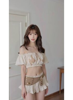 CHIC网红甜美风一字肩印花收腰上衣女+低腰纯欲短裙套装两件套女