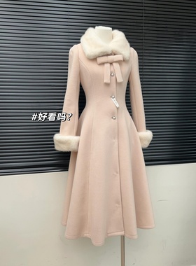 毛呢外套温柔气质千金感大衣毛领蝴蝶结外套高级富家千金大衣外套