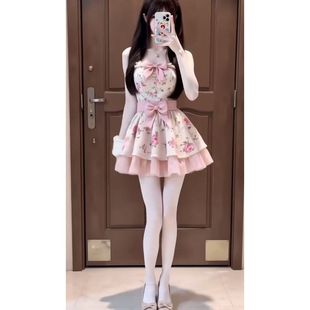 甜美可爱少女新款 度假风撞色吊带短袖 连衣裙蝴蝶结蕾丝蛋糕裙夏季