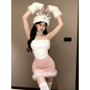 饰毛茸茸粉色圣诞套装 饰显瘦时髦毛绒装 装 圣诞节毛绒纯色毛绒套装