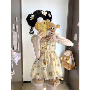 甜美可爱少女新款 撞色短袖 上衣蝴蝶结蕾丝蛋糕蓬蓬裙夏季 短裙套装