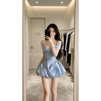 温柔名媛风设计高级感一字领法式气质蓬蓬甜美公主连衣裙超仙短裙