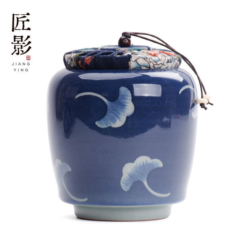 匠影大号茶叶罐手绘蓝地青花仿古图片