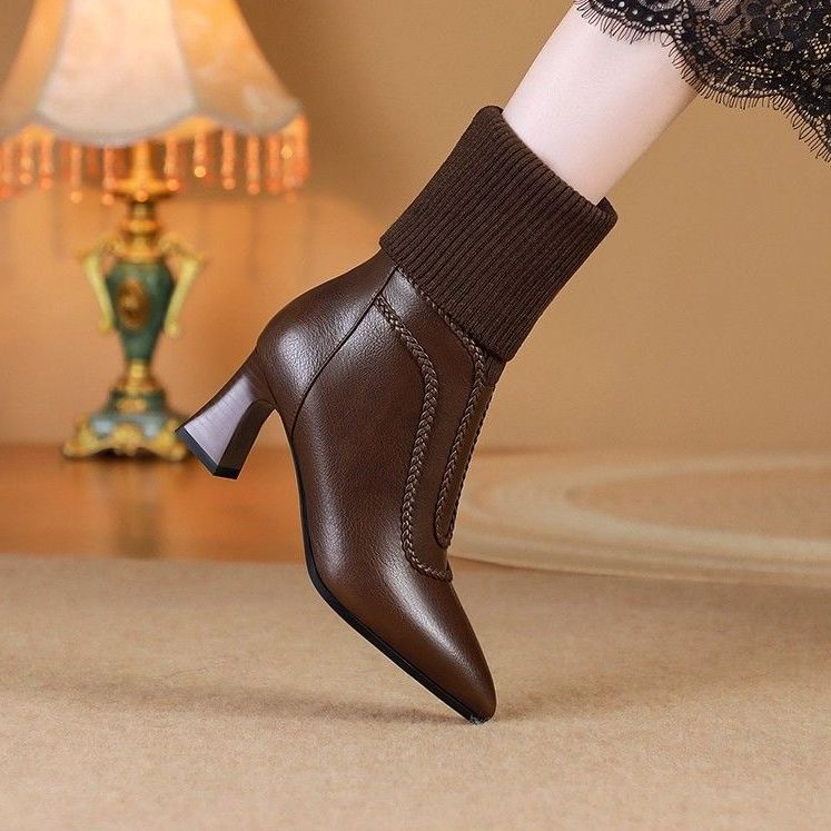 头层牛皮针织毛线筒高跟中筒靴粗跟尖头2025冬季新款弹力瘦瘦女靴