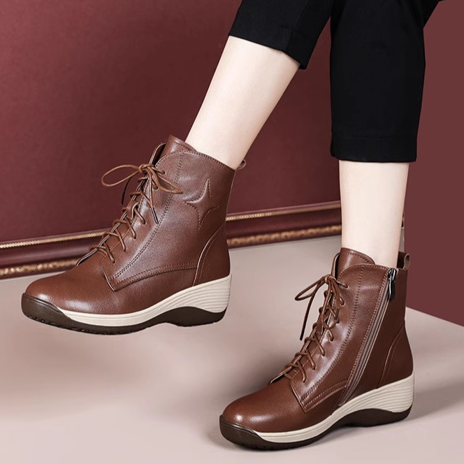 头层牛皮2024秋冬季新款拼色平底加绒棉鞋时尚软底小皮靴坡跟短靴,女鞋,马丁靴,淘宝优惠券,粉丝福利购,淘宝优惠卷