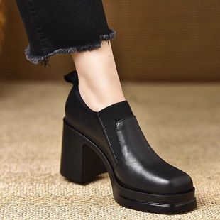 头层牛皮2025冬季新款深口女鞋高跟鞋防水台粗跟单鞋女皮鞋方头女