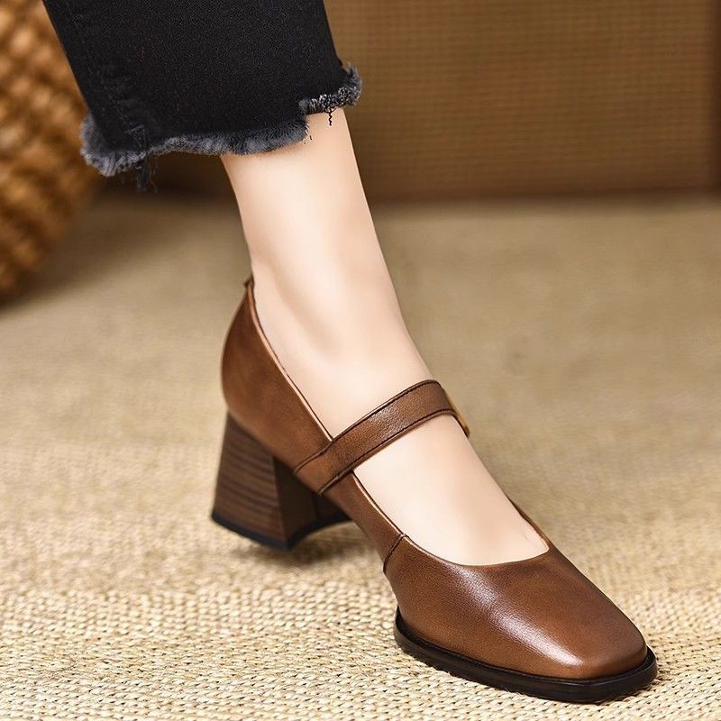 头层牛皮方头浅口粗跟单鞋女2025春季新款百搭玛丽珍一字带高跟鞋